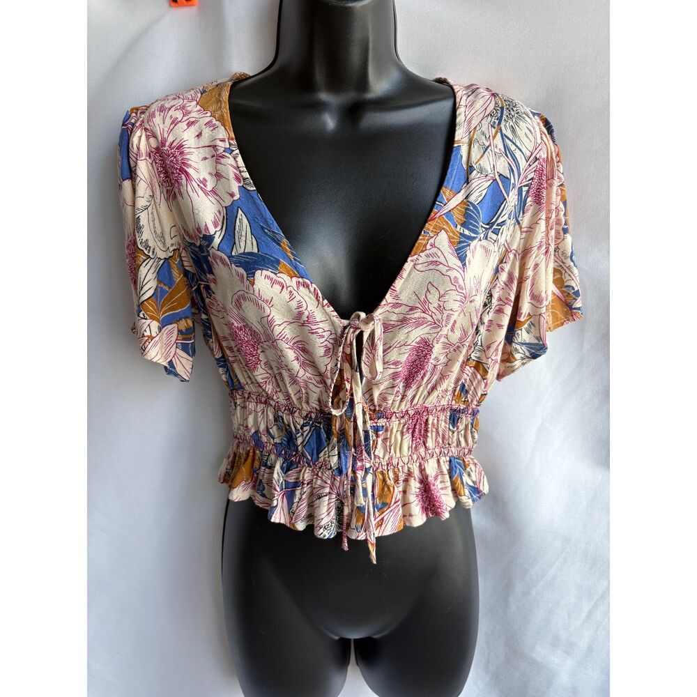 Band of the Free Floral Boho Multicolor Top V Neck S Viscose Cottagecore Girly